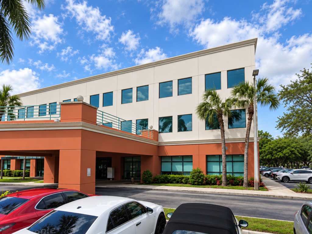Modern office building with large windows, palm trees, and parked cars in front—an inviting setting for a psychiatrist in Hollywood, FL. The sky is blue with scattered clouds, and greenery surrounds the parking lot and building entrance.