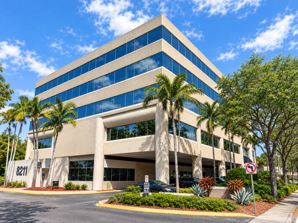 Four-story office building with large windows, palm trees in front, a blue sky with clouds above, and 8211 displayed on the left side. A curved driveway and landscaped plants are visible in the foreground—an ideal location for psychiatrists in Broward County, Florida.