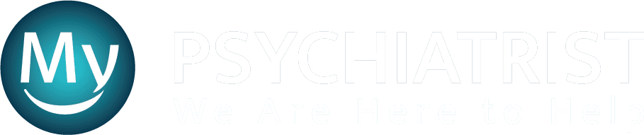 Logo for My Psychiatrist featuring a teal circle with My and a smile, next to the words PSYCHIATRIST and the tagline We Are Here to Help in light text on a white background.