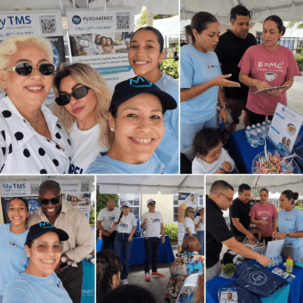 Collage of people at a health fair booth promoting mental health services, with informational materials, beverages, and staff interacting with visitors under a white tent. Smiling participants pose for group selfies.