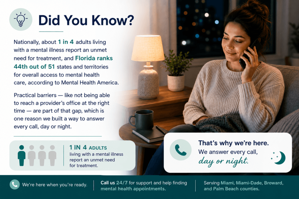 Woman calling a 24/7 mental health phone assistant for help scheduling mental health appointments in Miami, Miami-Dade, Broward, and Palm Beach counties.