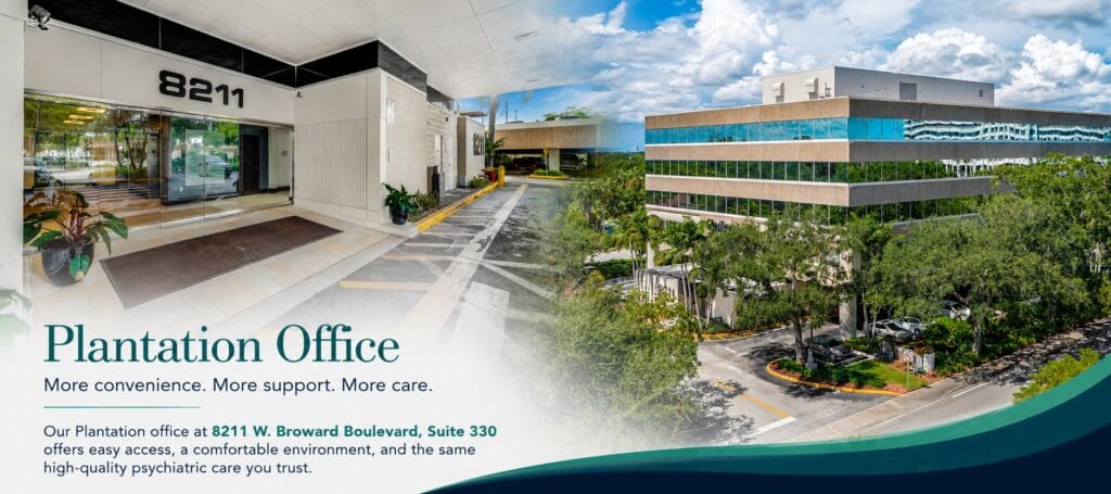 Entrance and exterior of a modern glass office building at 8211 W. Broward Boulevard, Suite 330, surrounded by trees, with text promoting the Plantation Office psychiatric care services.