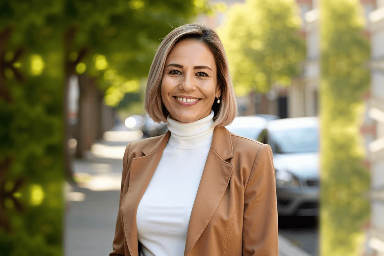 A woman with a blonde bob haircut, wearing a tan blazer and white turtleneck, stands smiling on a sunny street lined with trees and parked cars, embodying the spirit of community mental health outreach.