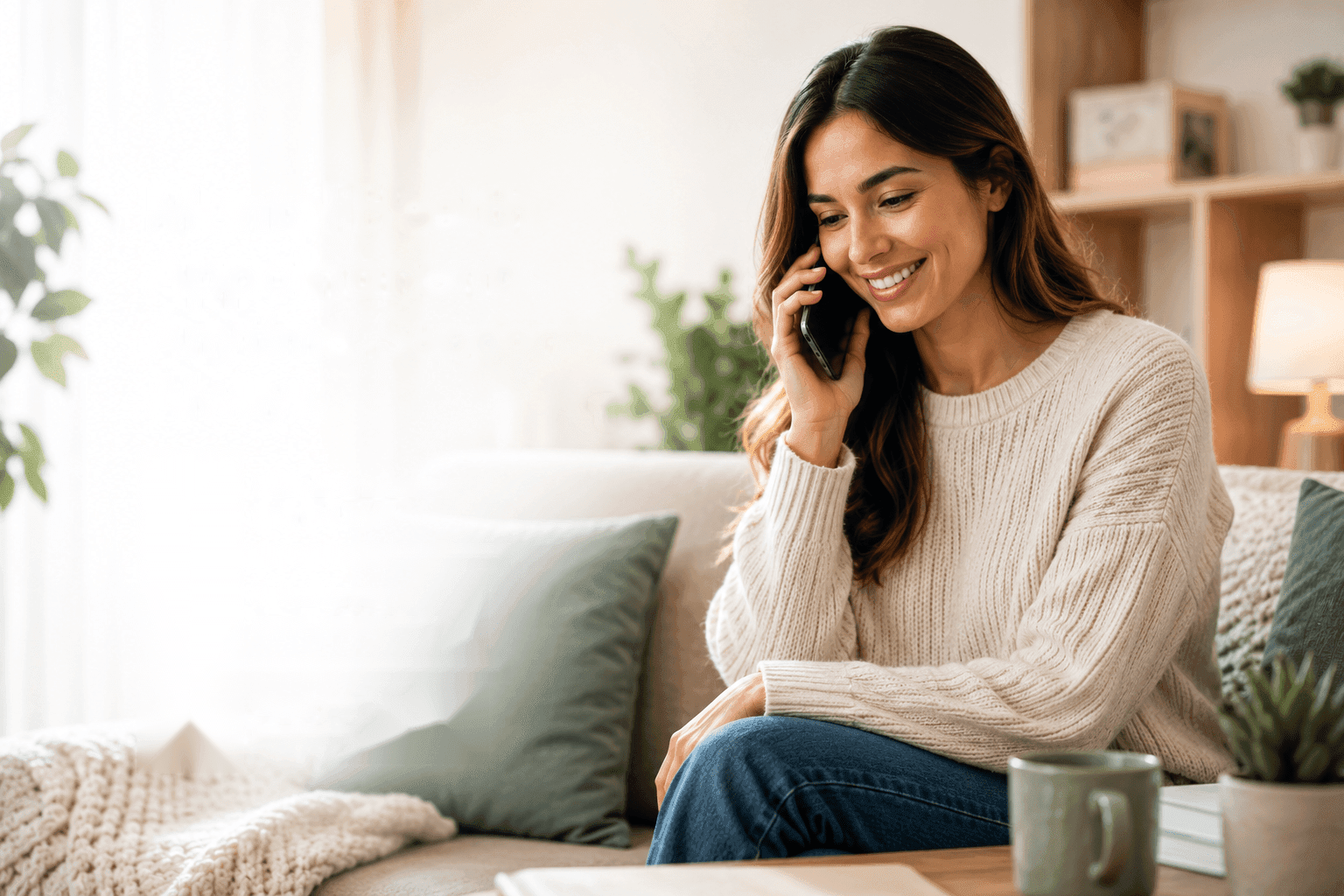 Smiling woman in a beige sweater sits on a couch and talks on her phone, perhaps connecting with an AI receptionist for mental health support. A mug sits on the table in front of her, and the cozy living room is softly lit with plants and decorative pillows.