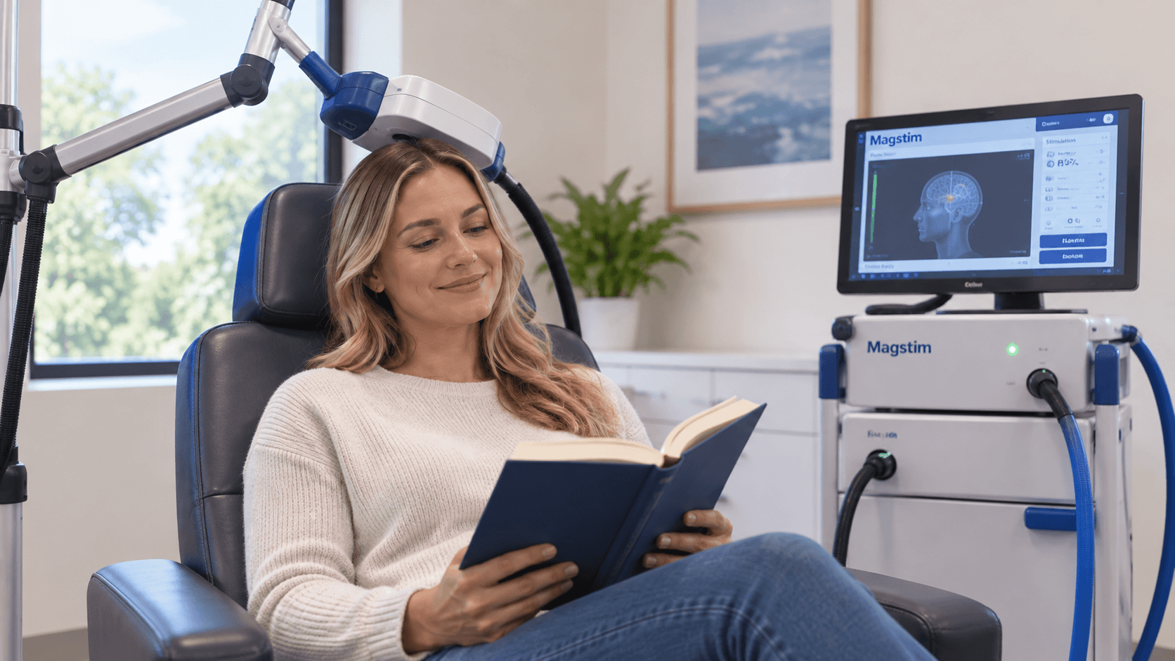 Patient receiving TMS therapy while reading during a treatment session