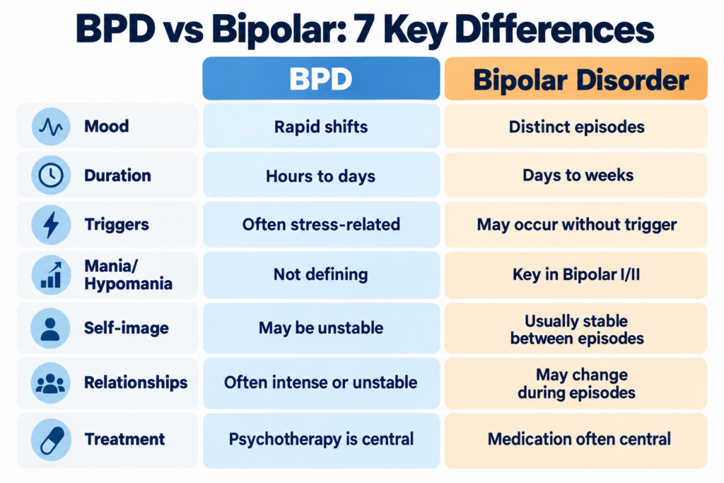 BPD vs bipolar comparison showing seven key differences in mood, duration, triggers, mania, self-image, relationships, and treatment
