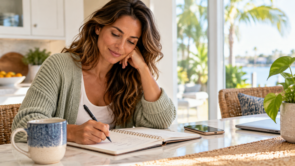 Woman preparing notes before talking to her doctor about depression